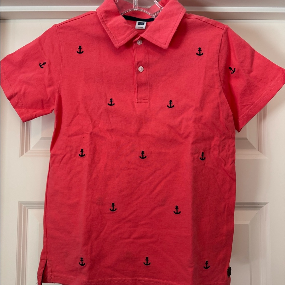NWT Janie and Jack Boys Cotton Nantucket Red Polo Shirt Navy Anchors Size 10